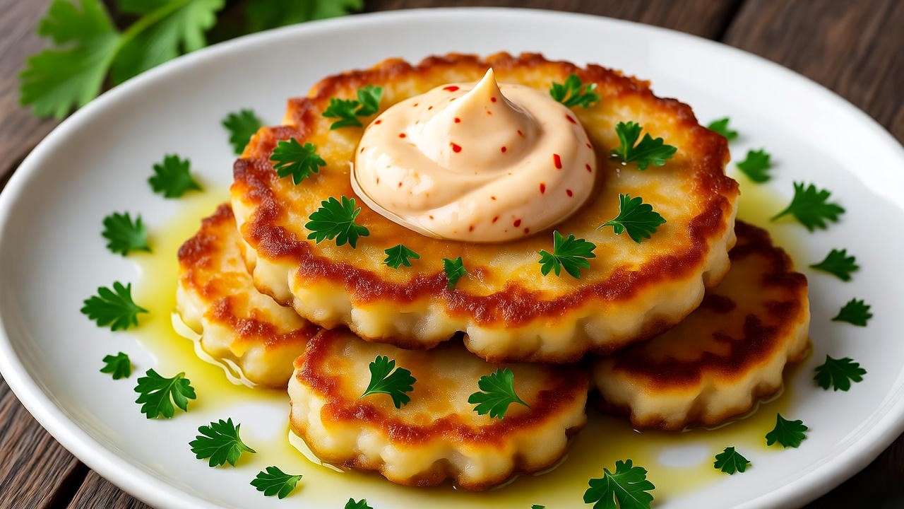 Hearts of palm crab cakes with sriracha remoulade and parsley on a white plate
