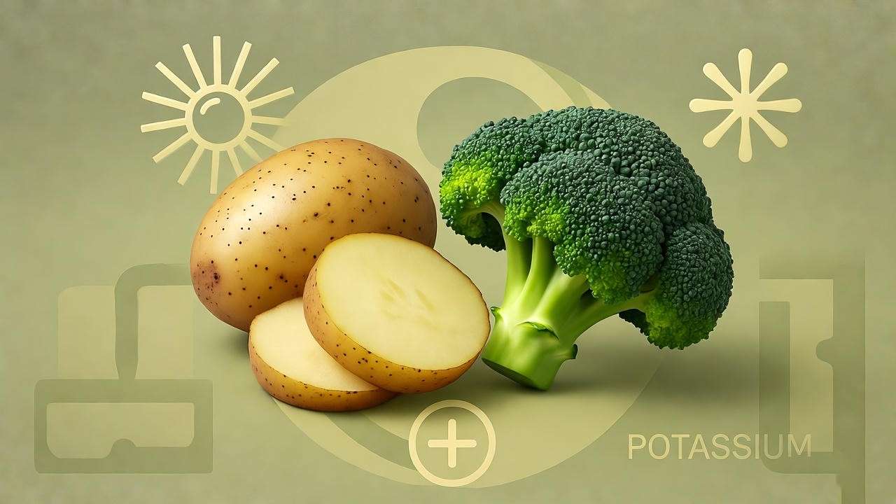 Nutrient icons around roasted potatoes and broccoli for plant-based nutrition guide