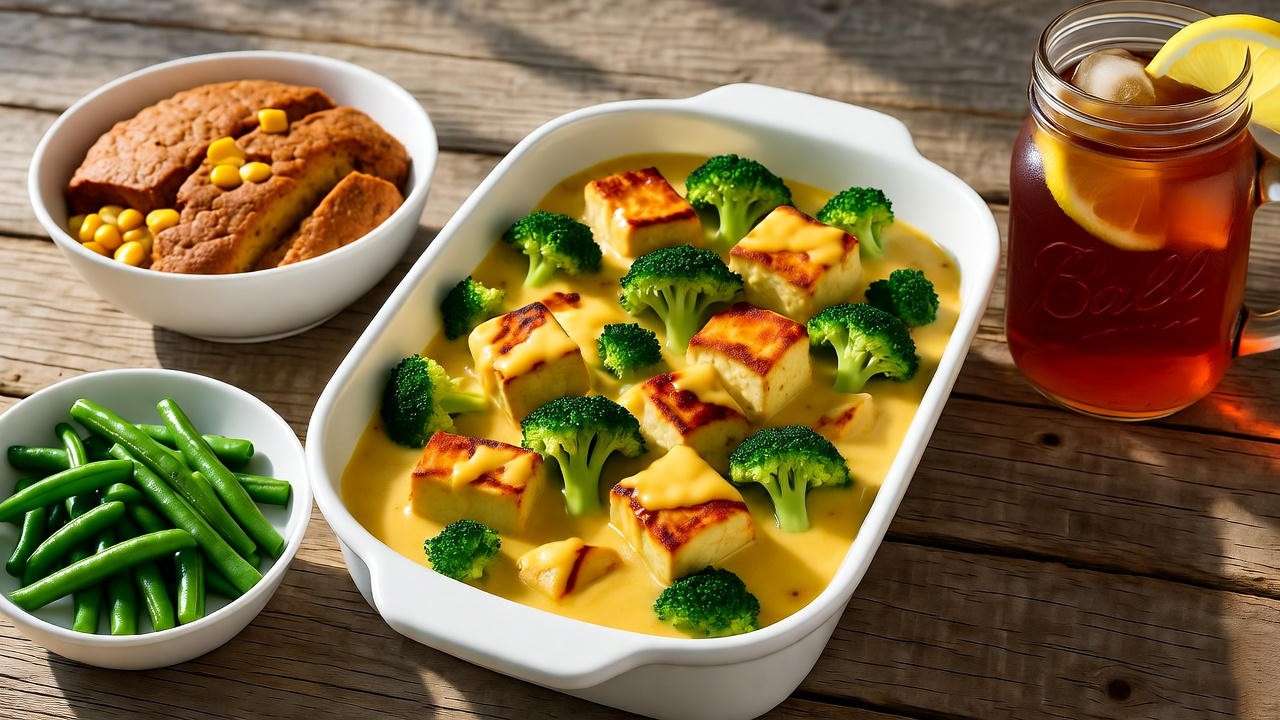 Plant-based Cracker Barrel-style meal with vegan broccoli cheddar chicken, cornbread, and green beans.