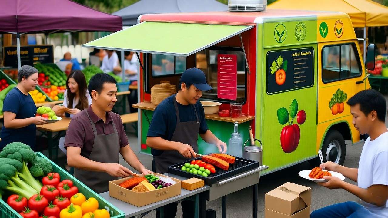Vibrant vegan BBQ lunch truck serving jackfruit sandwiches and smoked tofu platters at a bustling outdoor market