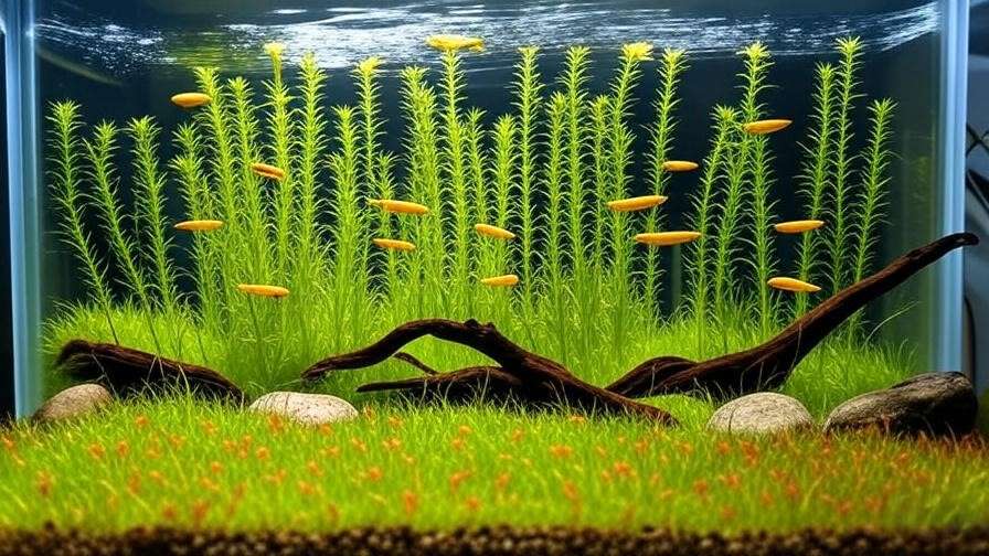 A layered aquascape with Vallisneria, Cryptocoryne wendtii, and dwarf hairgrass, featuring bright yellow lemon tetras under full-spectrum LED lighting.