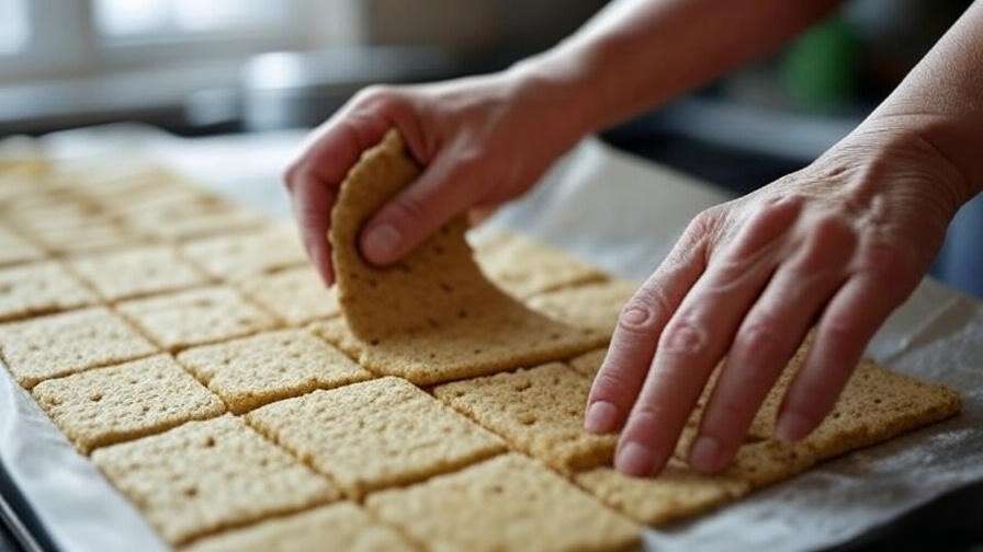 Hands rolling and cutting veggie cracker dough on parchment paper for baking.