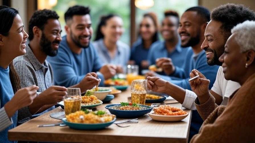 Diverse group enjoying a plant-based seafood meal together