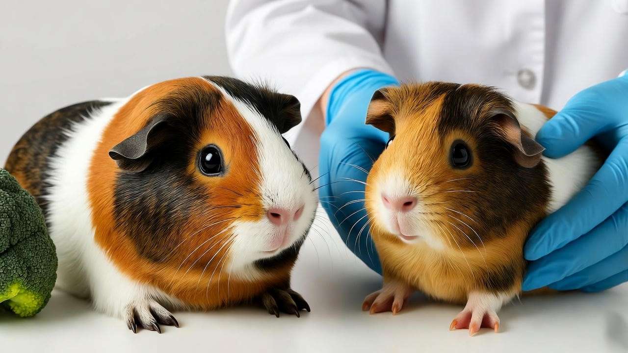 "Guinea pig with broccoli and vet examination in a clinic setting". 