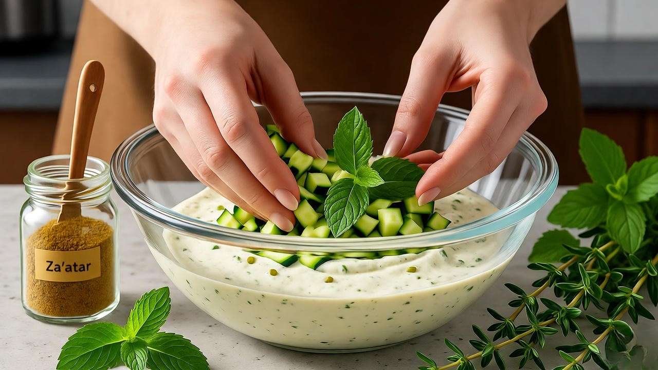 Hands folding zucchini and mint into garden veggie cream cheese with za’atar and turmeric spices on a kitchen counter