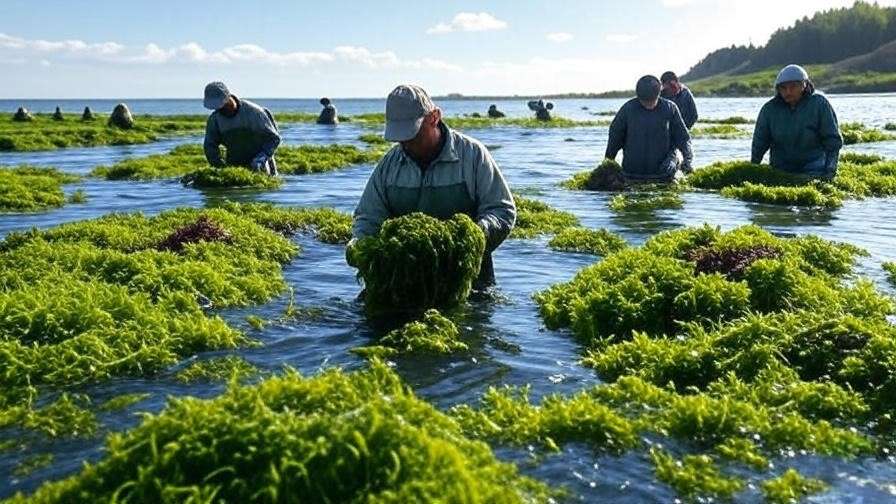 Sustainable seaweed farm with workers harvesting in a clear ocean