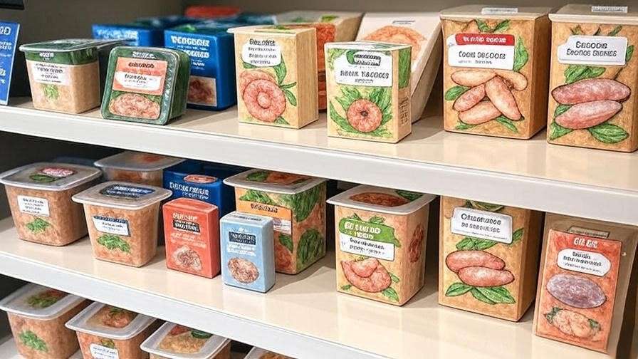 Store shelf with eco-friendly plant-based seafood products like tuna and shrimp