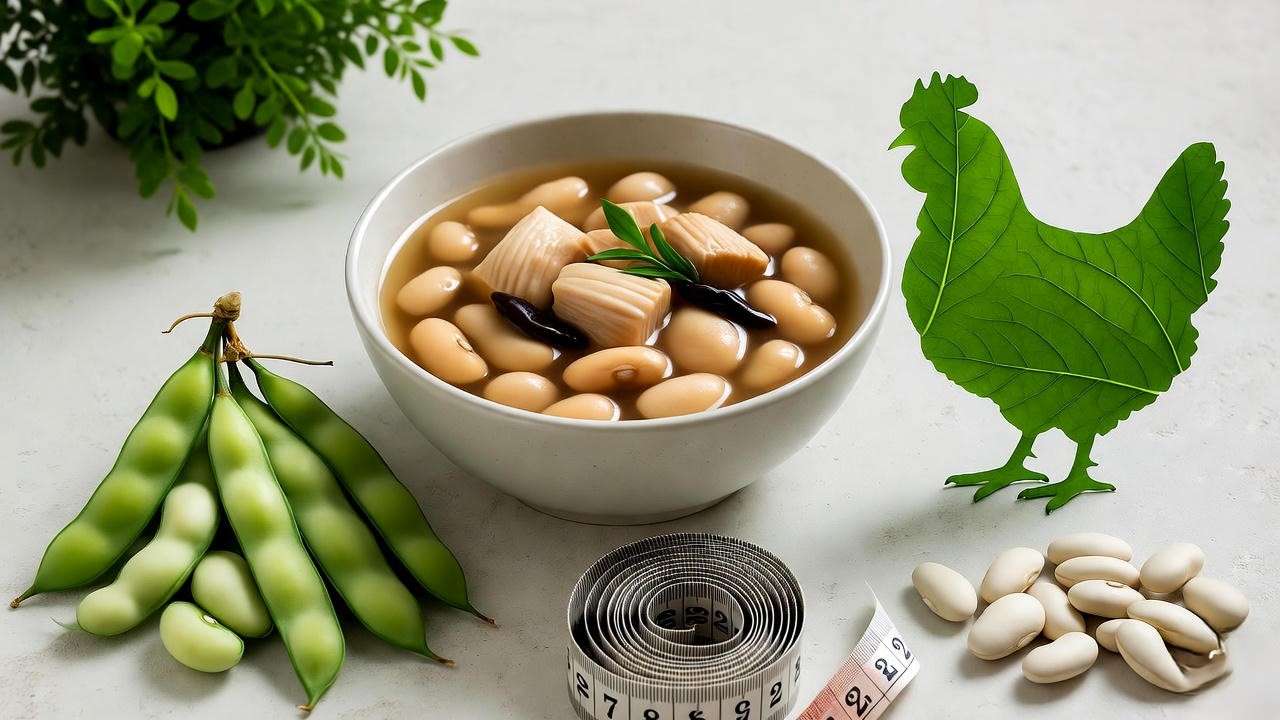 Bowl of white bean chicken soup surrounded by beans and greens symbolizing health benefits like protein boost and fiber for plant diets.