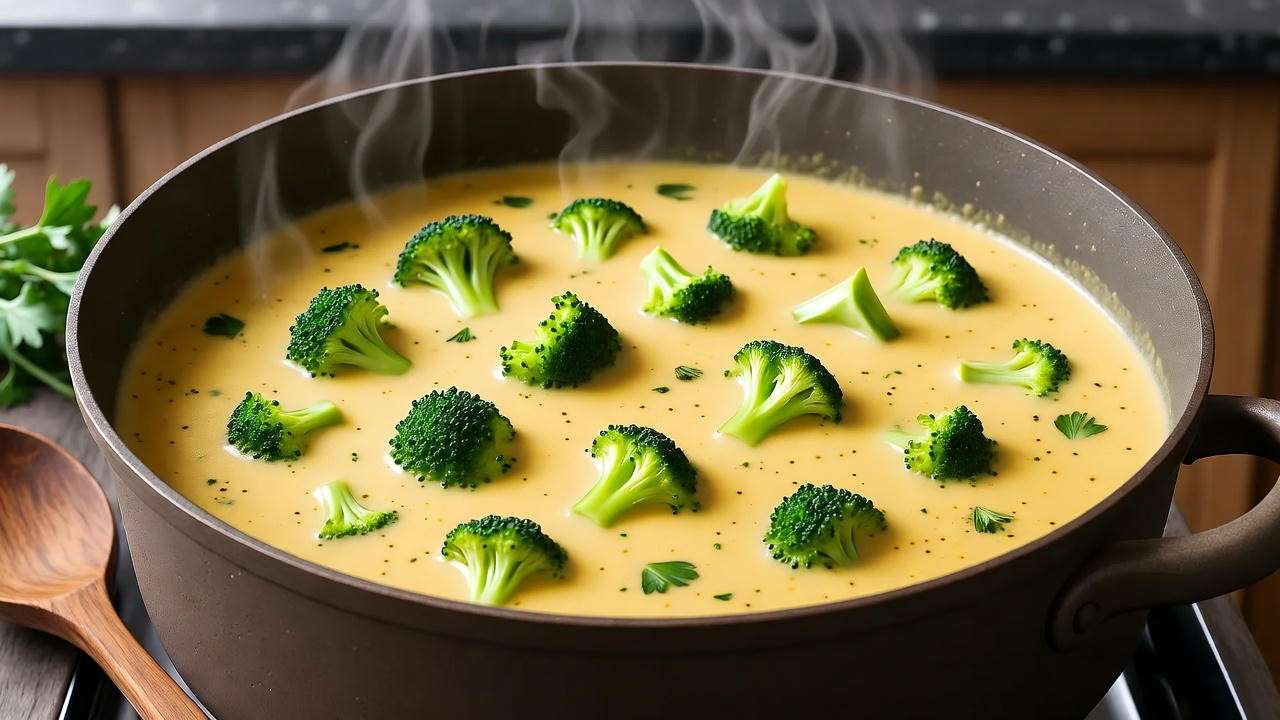 Served bowl of vegan broccoli cheddar soup with bread and salad pairings for a complete meal.