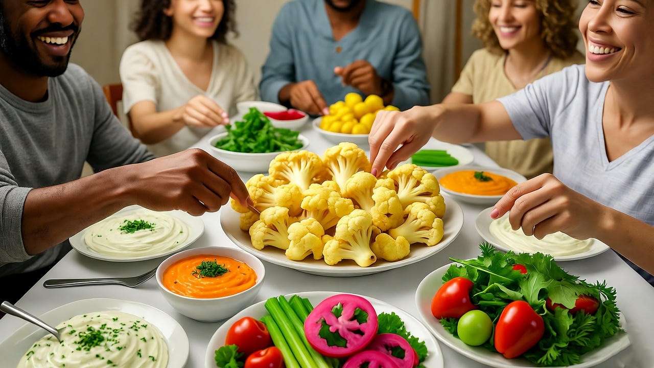 Fun-shaped cauliflower chips at a plant-based party with dips and veggies