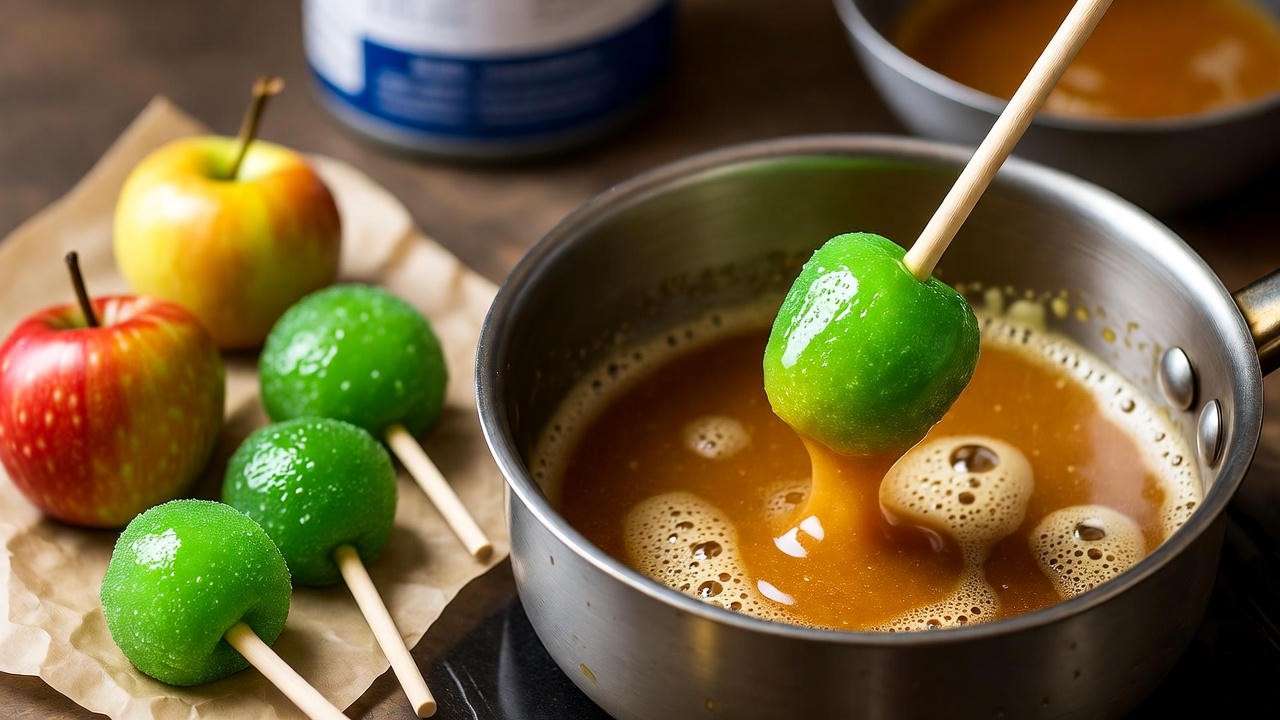 Homemade vegan caramel apple lollipops being dipped in dairy-free caramel sauce on kitchen counter.