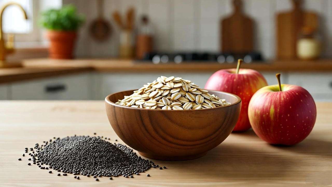 “High-fiber plant-based foods including Honeycrisp apples and oats promoting gut health.”