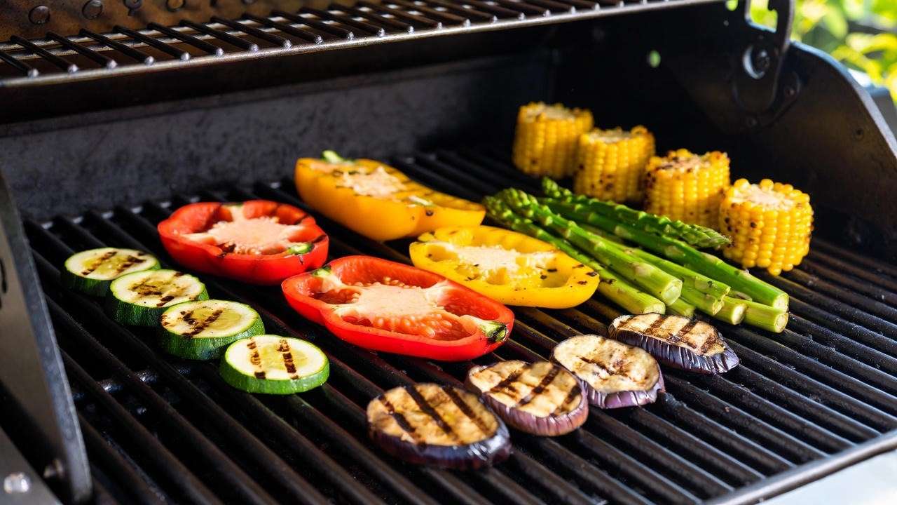 Coyote C-Series 42-inch grill cooking a colorful array of fresh plant-based vegetables