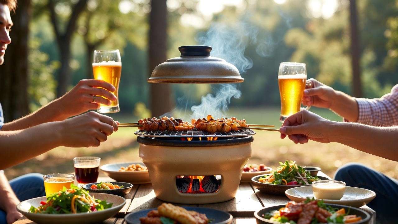 Portable round shichirin yakitori grill perfect for camping and picnics