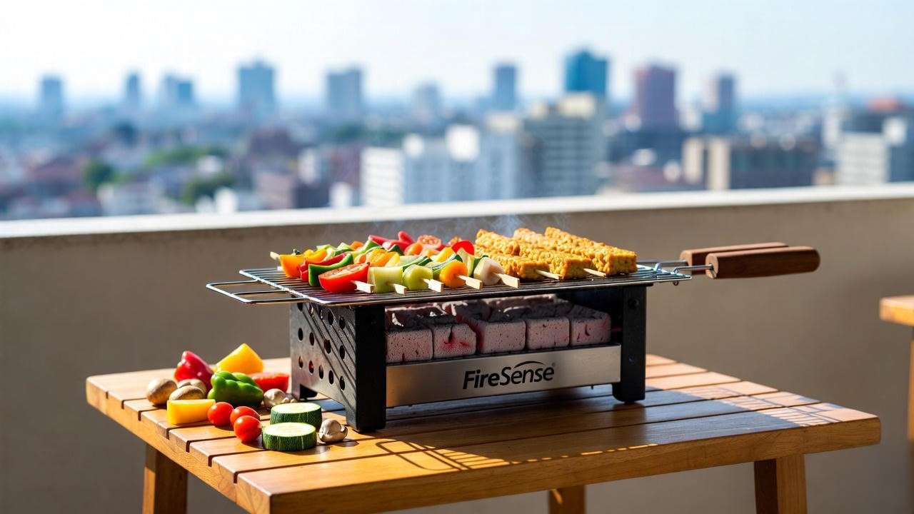 Affordable FireSense yakitori grill cooking plant-based skewers outdoors