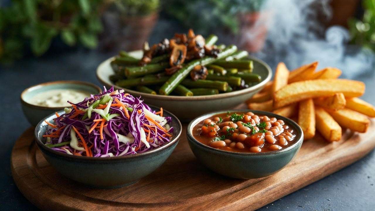 Vegan sides from Mission BBQ catering menu featuring coleslaw, baked beans, green beans, and fries