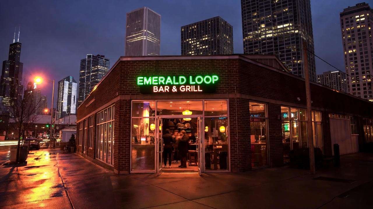 Emerald Loop Bar & Grill Chicago exterior on Wabash Avenue at night