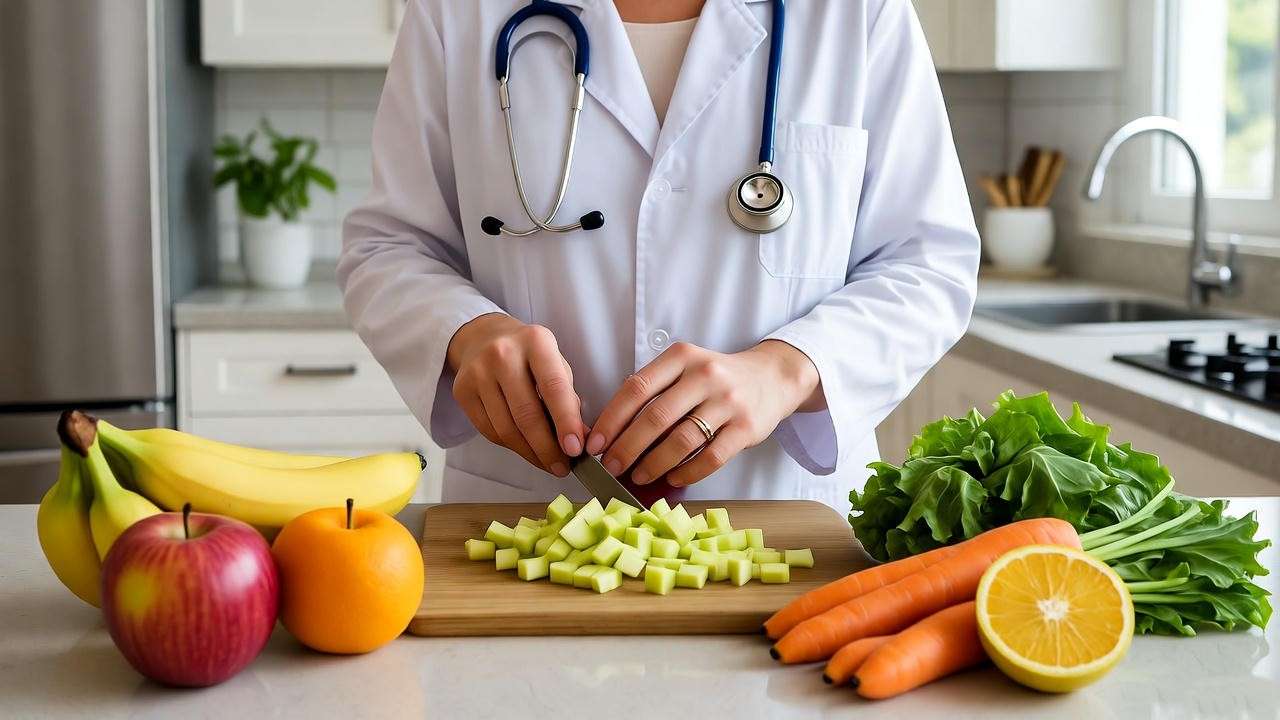“Nutritionist preparing a healthy plant-based meal with Honeycrisp apples in a bright kitchen.”
