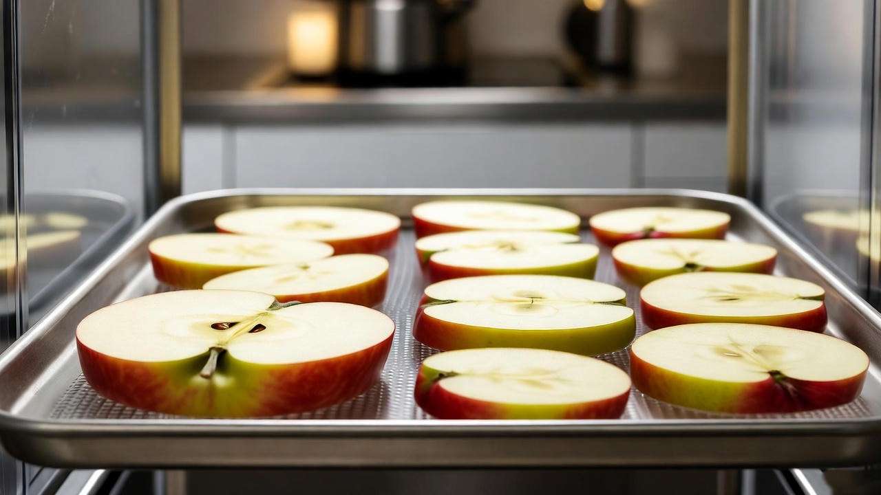 Fresh apple slices on a tray ready for home freeze-drying, illustrating DIY preparation steps.