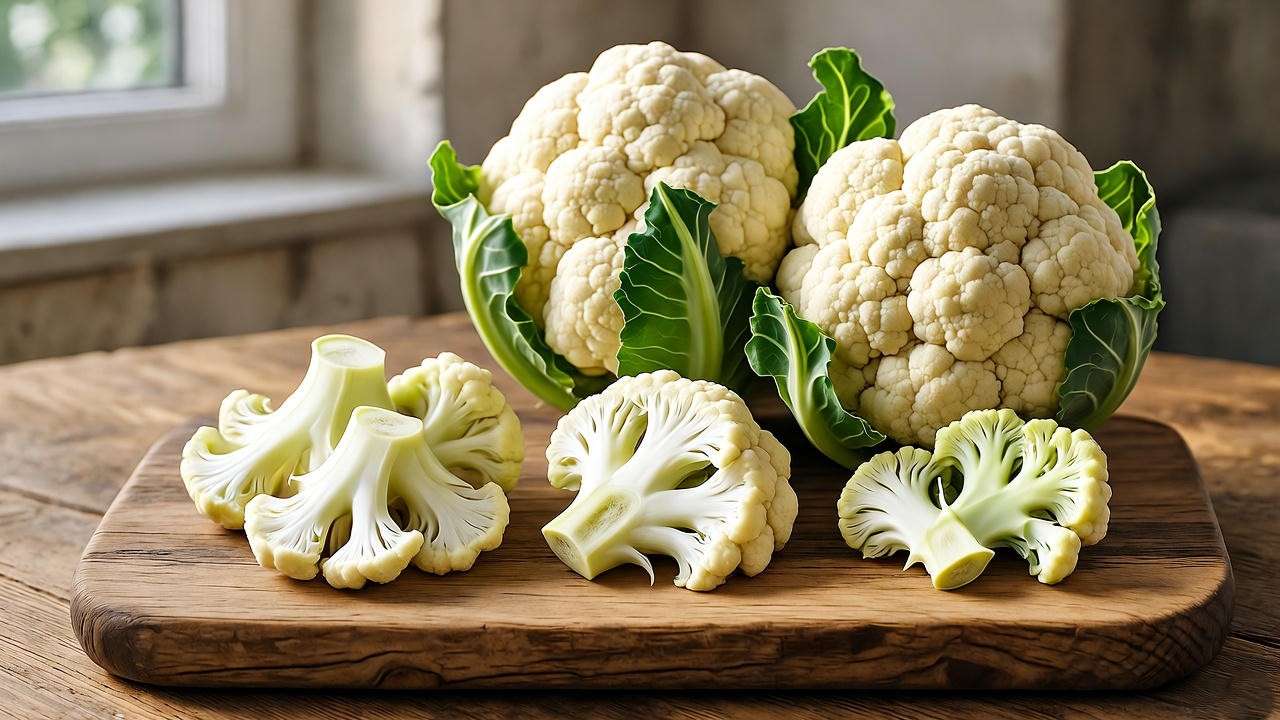 Nutritional breakdown of raw cauliflower for chickens showing florets, stems, and leaves