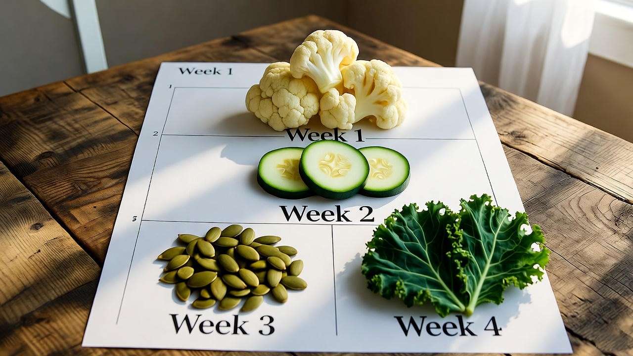 4-week chicken treat rotation calendar with cauliflower and safe vegetable alternatives