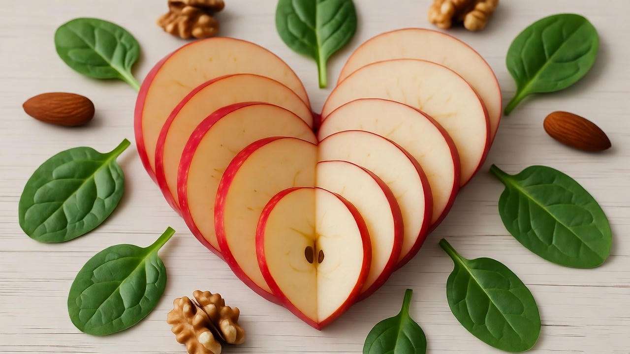“Honeycrisp apple slices arranged in a heart shape symbolizing cardiovascular and cholesterol health.”