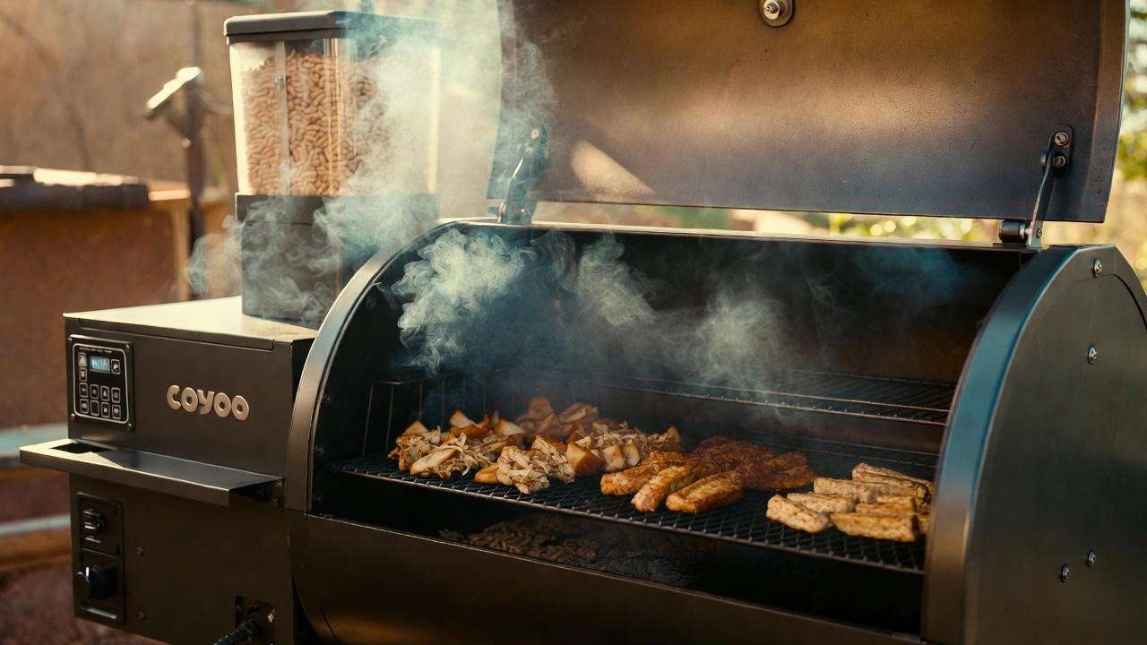 Coyote pellet grill smoking jackfruit and tempeh with applewood pellets