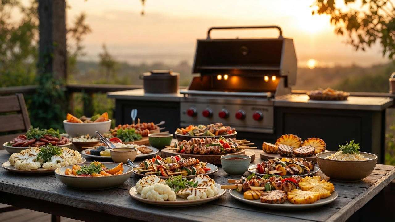 Sunset vegan BBQ feast prepared on a Coyote grill with cauliflower steaks, grilled pineapple and plant-based sausages