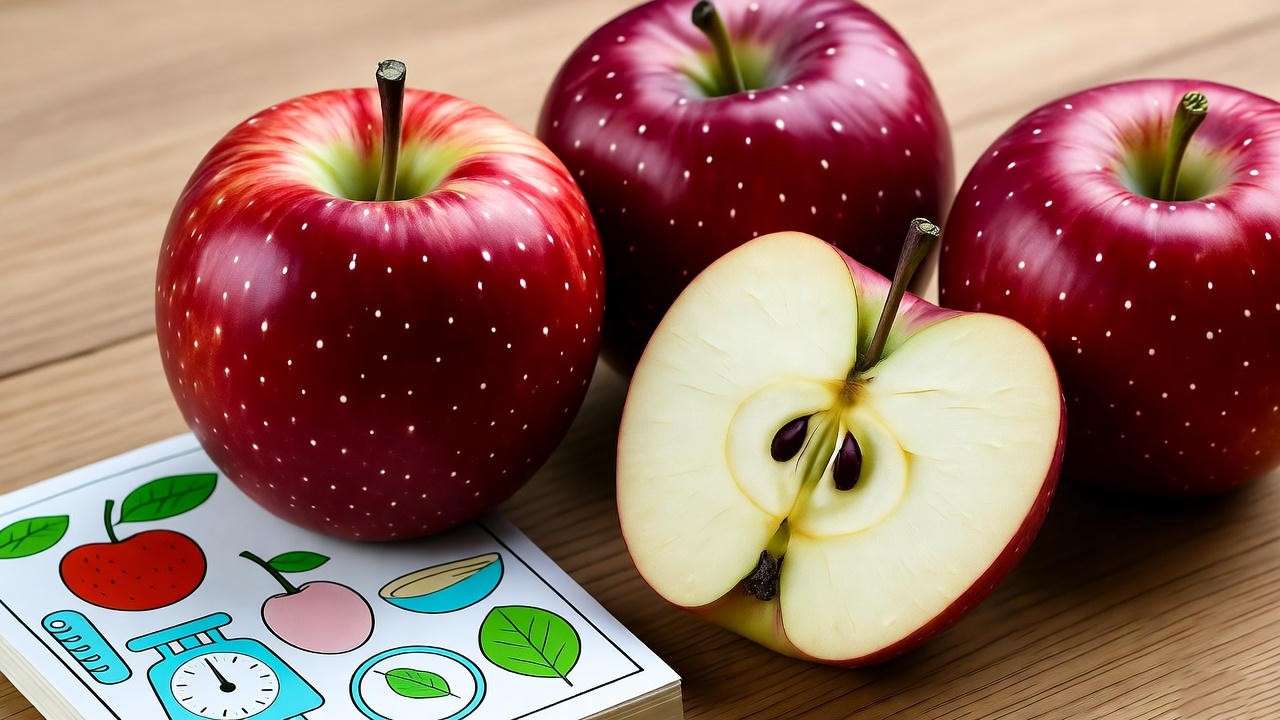 “Fresh Honeycrisp apples sliced on a wooden table representing nutrition facts and healthy eating.”