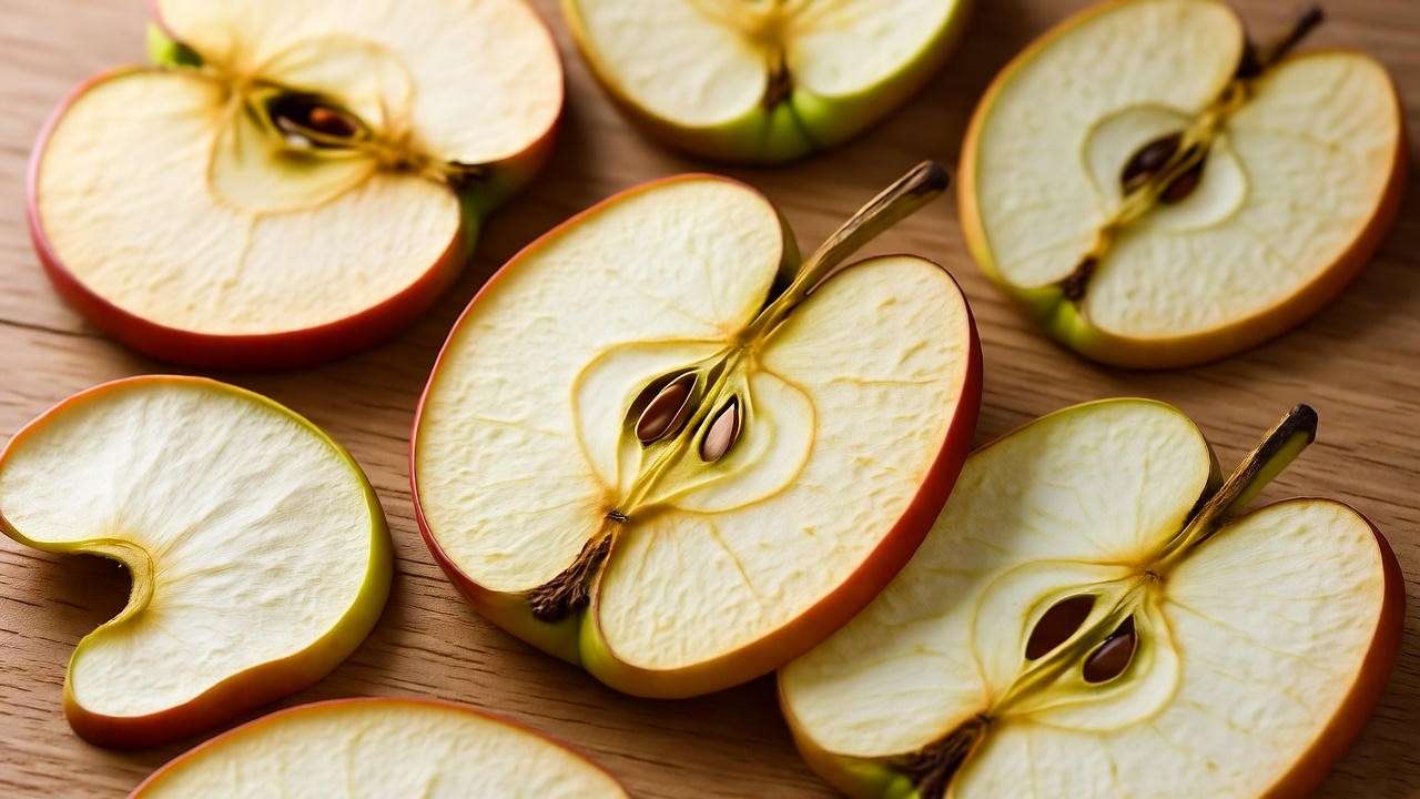 Close-up of crispy freeze-dried apple slices on a wooden background, showcasing their light and airy texture.