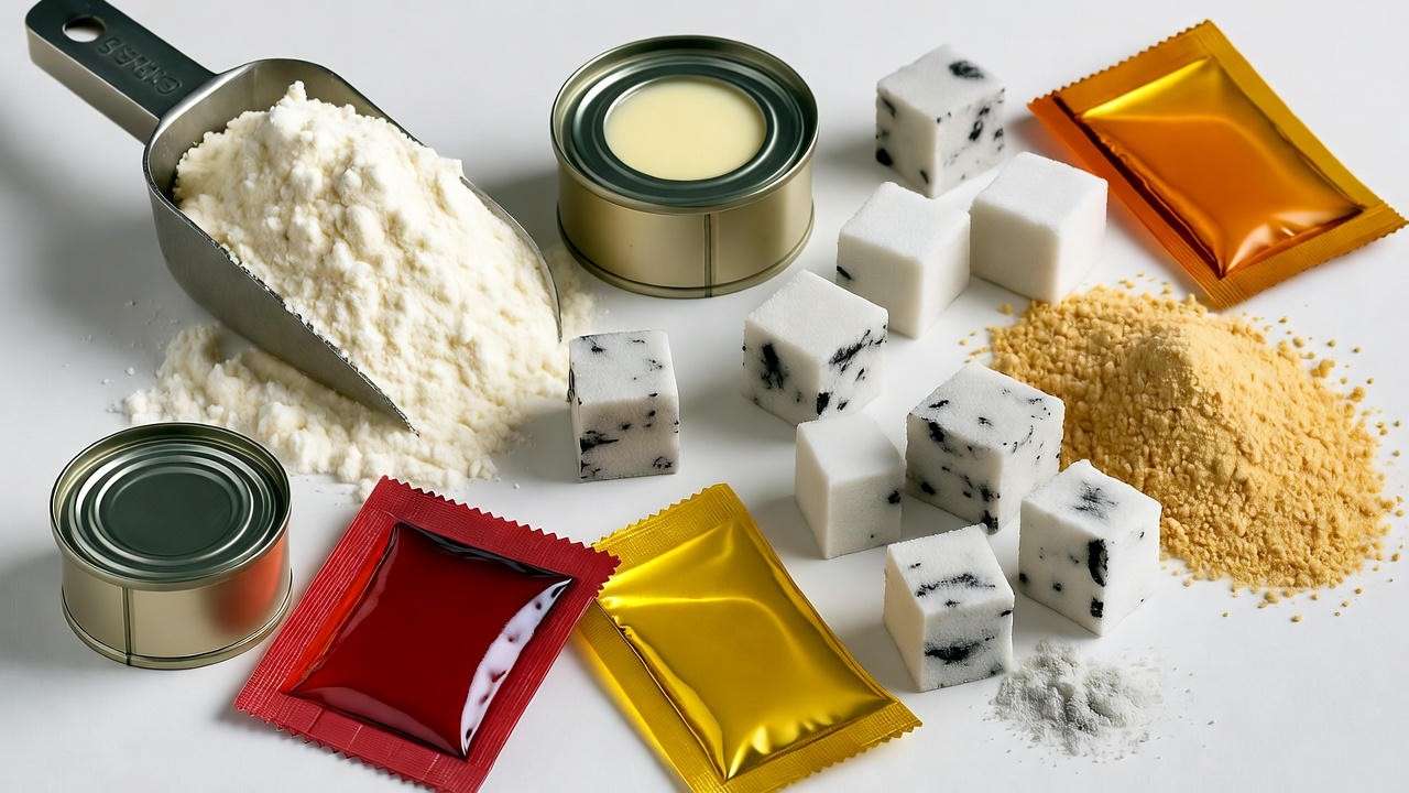 Flat-lay of non-vegan caramel apple lollipop ingredients like whey, condensed milk, and bone char sugar.