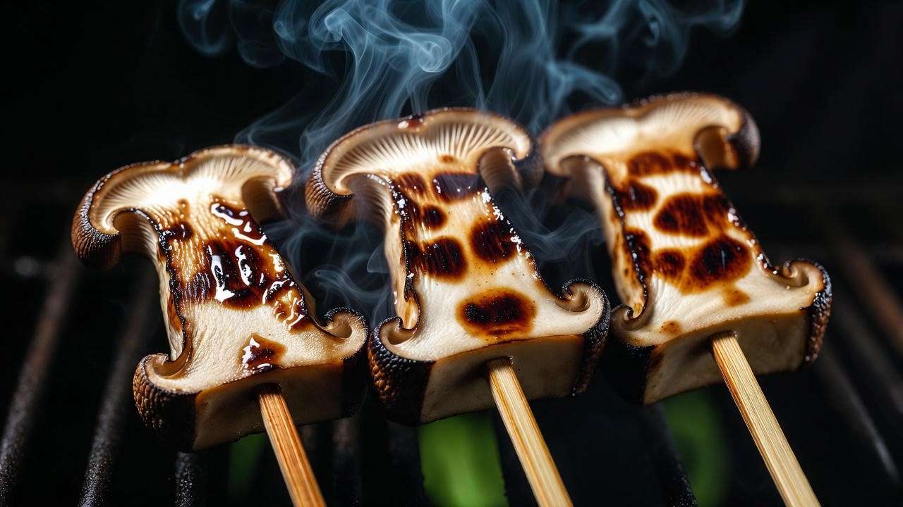 King oyster mushroom yakitori with perfect grill marks on binchotan