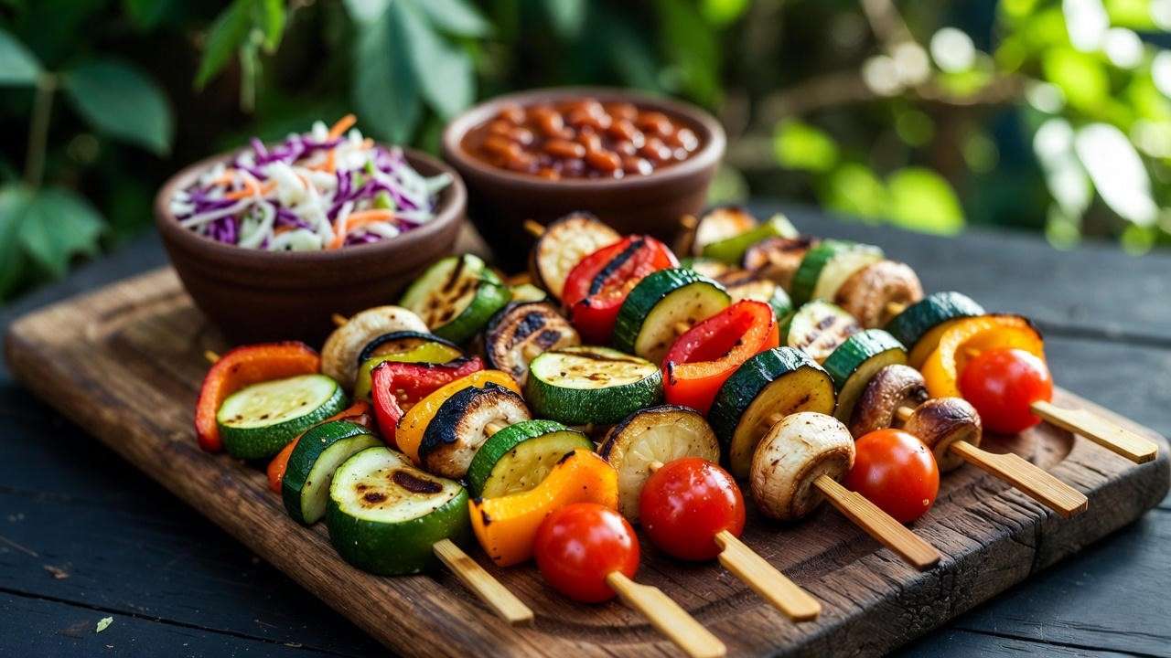 Plant-based Mission BBQ catering options including grilled veggie skewers, coleslaw, and vegan baked beans on a picnic platter