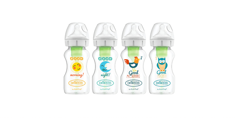 Dr. Brown's Natural Flow Anti-Colic Options+ Wide-Neck Baby Bottles, 9 oz/270 mL, with Level 1 Slow Flow Nipple, 4 Pack Good Morning/Good Night Gift Set