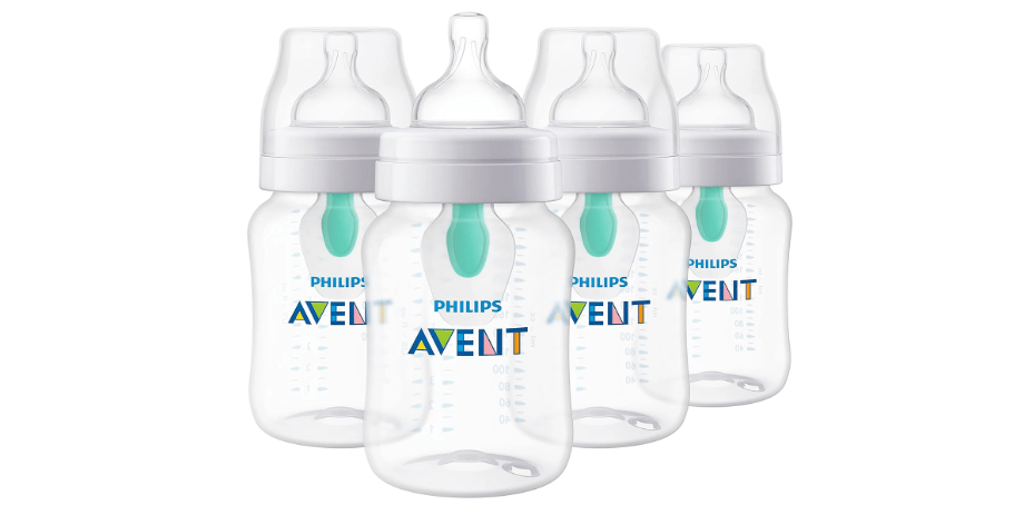 Philips Avent Anti-Colic Baby Bottle with AirFree Vent, 9oz, with Flow 2 Nipples, 1m+, 4pk, Clear, SCY703/04