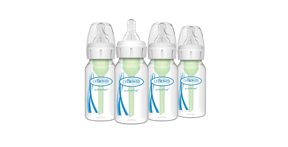 Dr. Brown's Natural Flow Anti-Colic Options+ Narrow Baby Bottle, 4 oz/120 mL, with Level 1 Slow Flow Nipple, 0m+, 4 Bottles