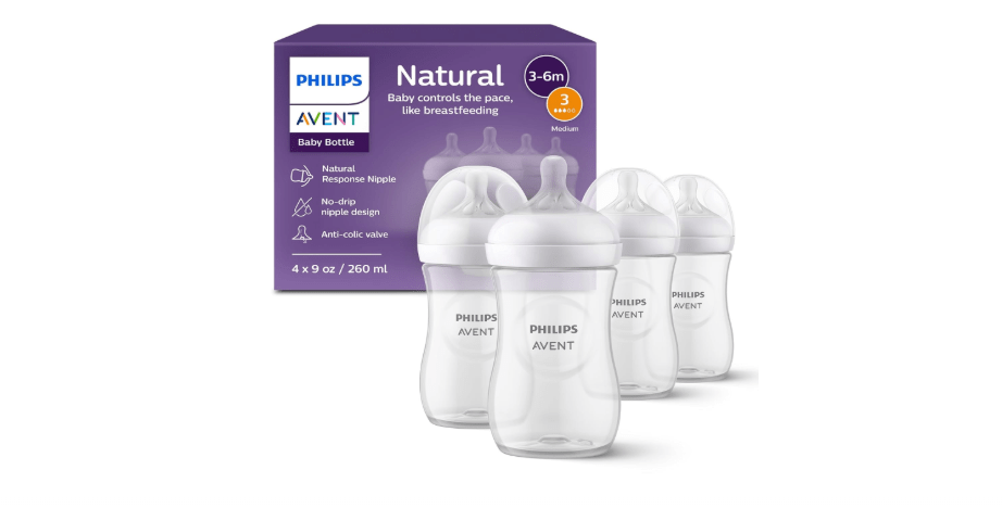 Philips Avent Natural Baby Bottles with Natural Response Nipples (Medium Flow, Flow 3), 9oz, 4-Pack, SCY903/04