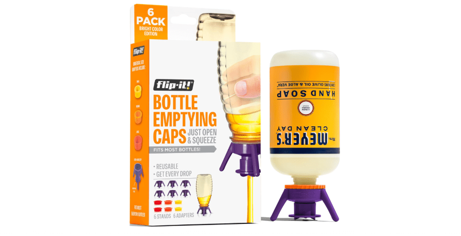 Flip-It! Bottle Emptying Kit – 6 Bottle Pack - No more wasted product - Fits most plastic bottles – 6 Base Caps, 6 Adapters – Bright Color Edition