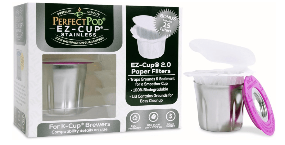 EZ-Cup Stainless Steel 1-Stream Reusable K Cup Coffee Pod for Keurig + 25 Disposable Paper Filters - Refillable Capsule Compatible with Keurig and Other...
