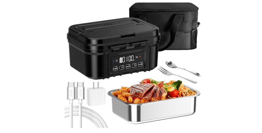 FERVINOW Cordless Electric Lunch Box for Adults – Battery-Powered Heated Lunch Box with 1.2L Stainless Steel Container, Timer Function, and Leak-Proof Food...