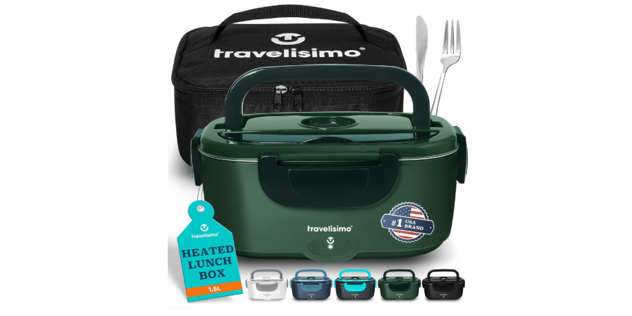 TRAVELISIMO Electric Lunch Box for Adults, 80W Heated Lunch Box 1.5L Stainless Steel Portable Food Warmer, 12/24/110V Lonchera Electrica Portatil for Travel...
