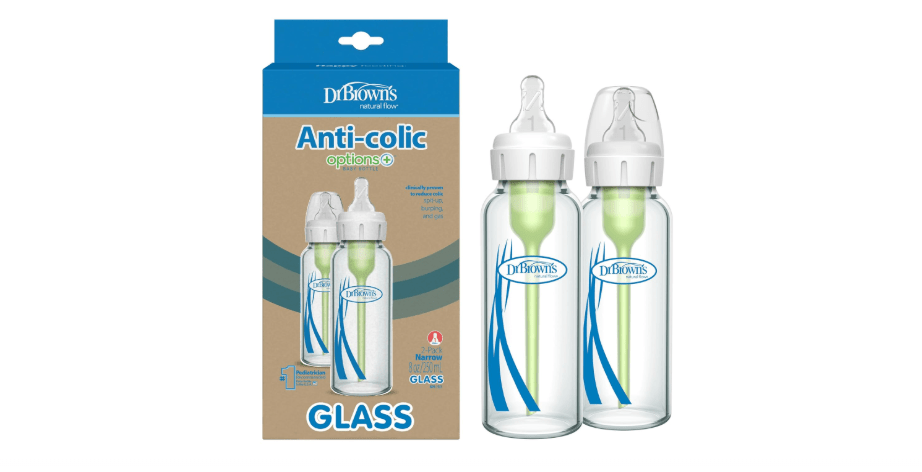 Dr. Brown's Natural Flow Anti-Colic Options+ Narrow Glass Baby Bottle 8 oz/250 mL, with Level 1 Slow Flow Nipple, 2 Pack, 0m+