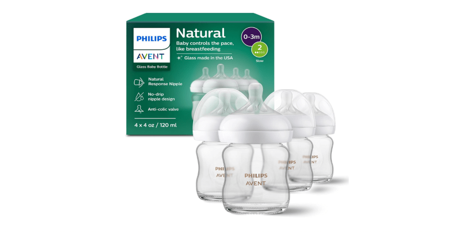 Philips Avent Natural Glass Baby Bottles with Natural Response Nipples (Slow Flow, Flow 2), 4oz, 4-Pack, SCY910/04