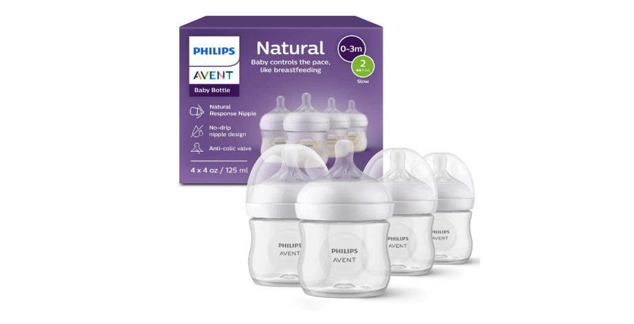 Philips Avent Natural Baby Bottles with Natural Response Nipples (Slow Flow, Flow 2), 4oz, 4-Pack, SCY900/04