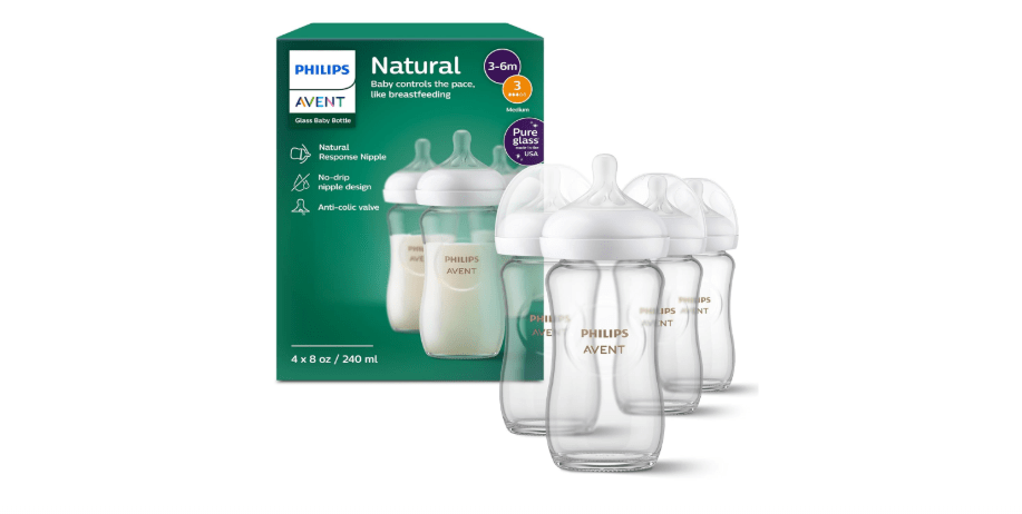 Philips Avent Natural Glass Baby Bottles with Natural Response Nipples (Medium Flow, Flow 3), 8oz, 4-Pack, SCY913/04
