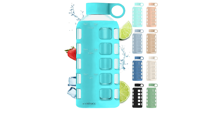  purifyou 40oz / 32oz / 22oz / 12oz Borosilicate Glass Water Bottle with Time & Volume Markers, Silicone Sleeve, Stainless Steel Lid | Reusable Glass...