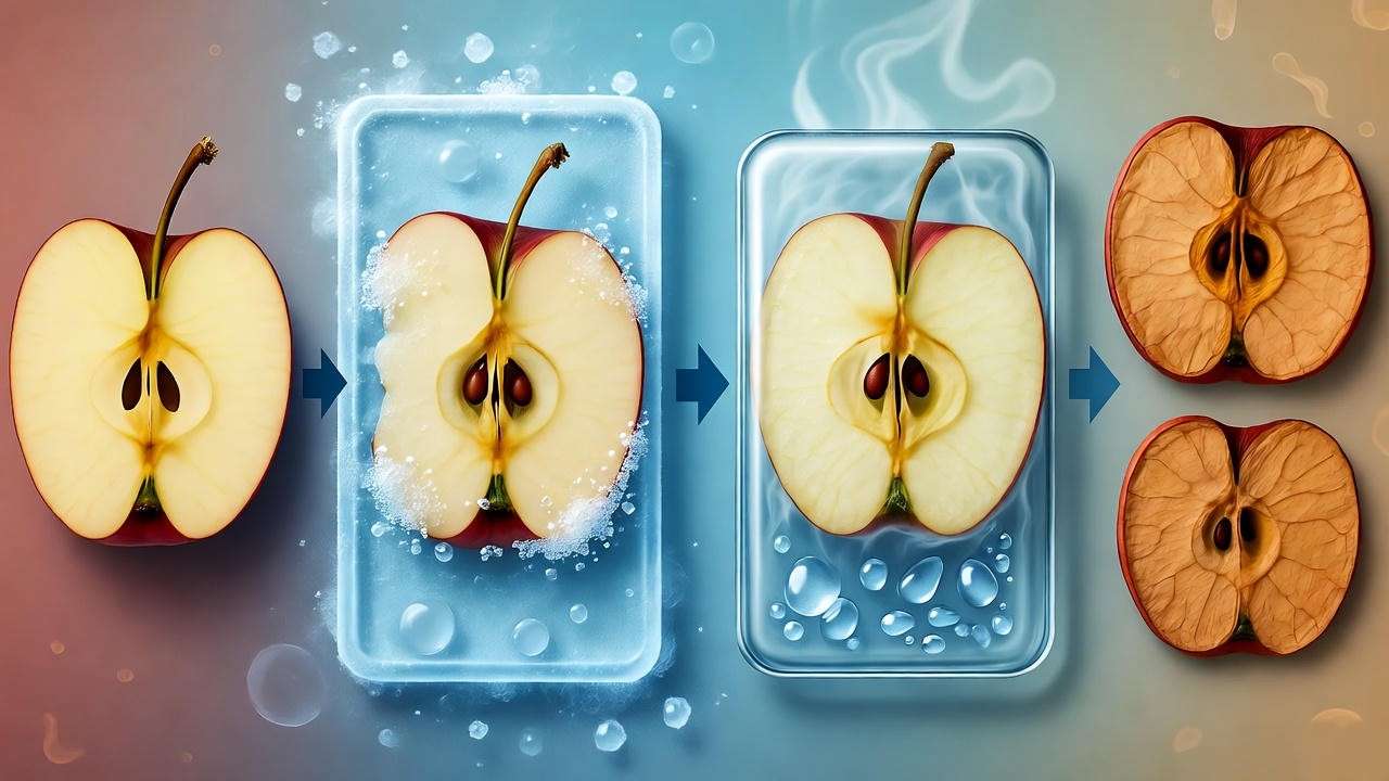Visual illustration of the freeze-drying process for apples, from freezing to sublimation and final drying.