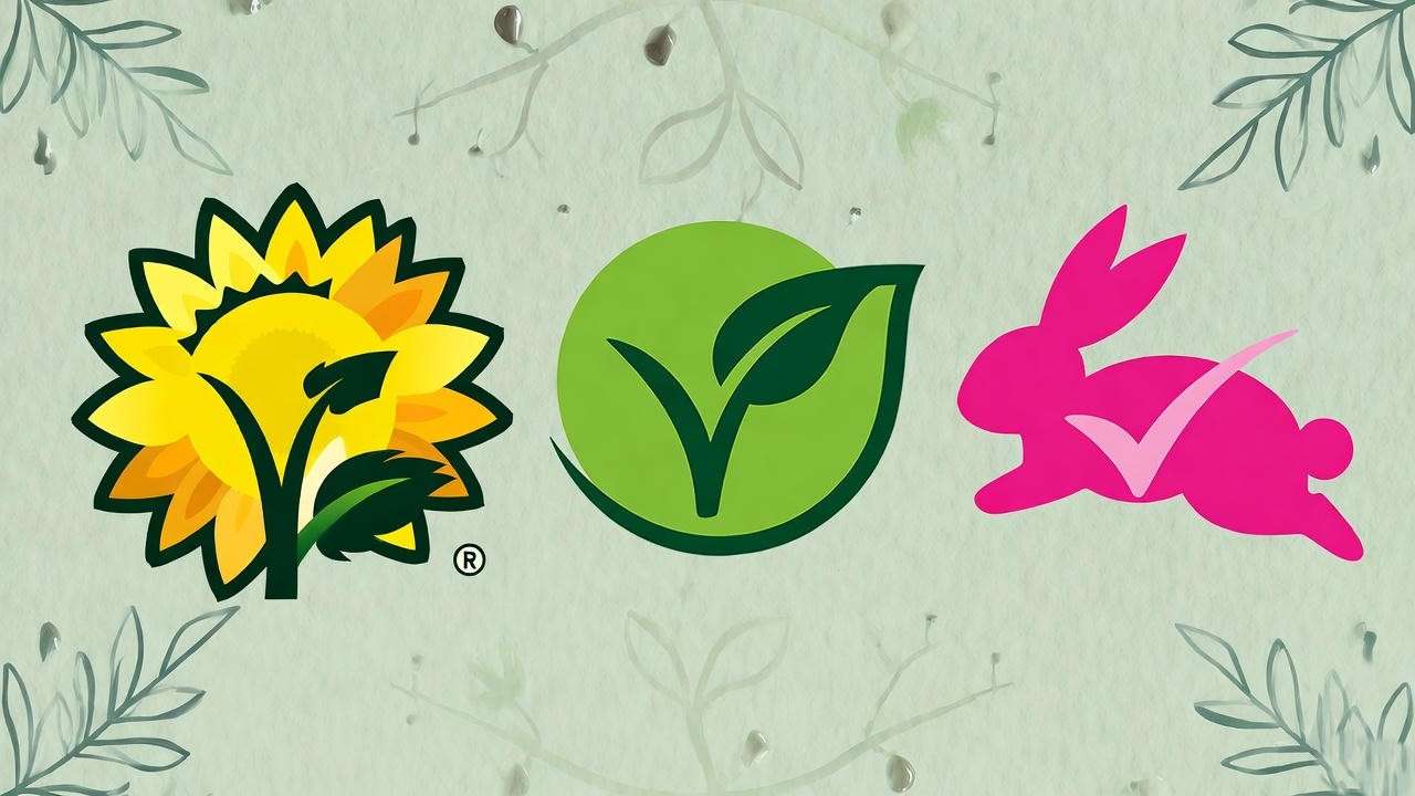 Vegan certification badges including Vegan Society, Plant Based, and Leaping Bunny on green background.