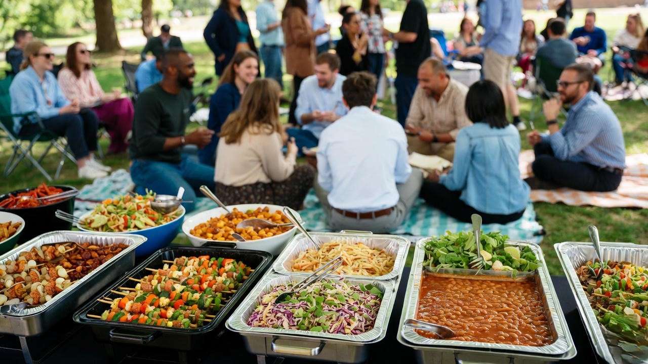 Outdoor corporate picnic with healthy plant-based Mission BBQ catering options for mixed-diet attendees