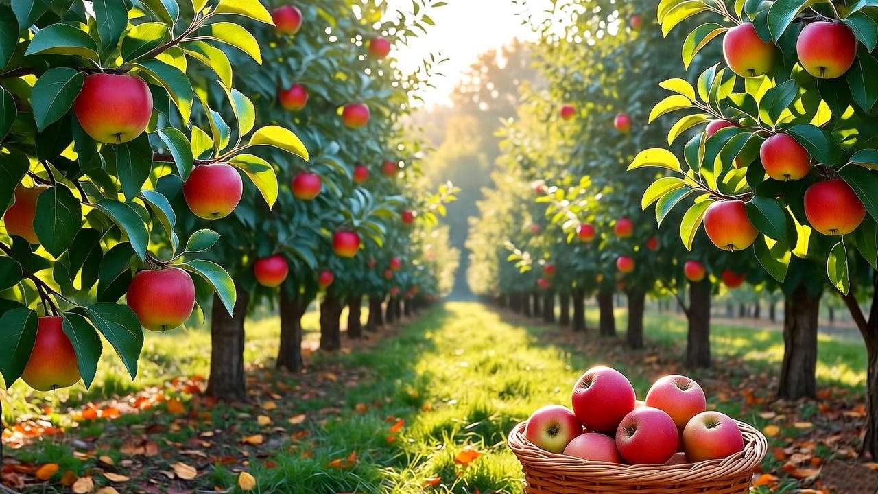 “Autumn orchard with ripe Honeycrisp apples representing seasonal and sustainable plant-based eating.”